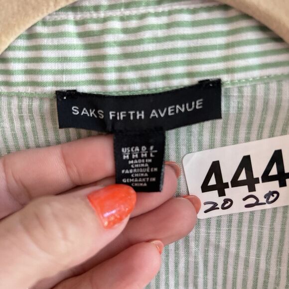 Saks Fifth Ave Green Linen Blend Popover Shirt M Striped Classic Collared Preppy - Picture 2 of 10